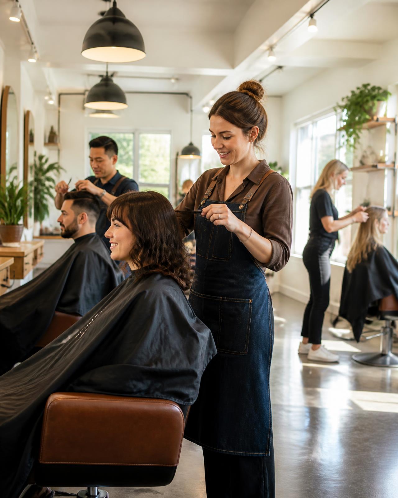 Stylists serving male and female clients in a modern unisex salon