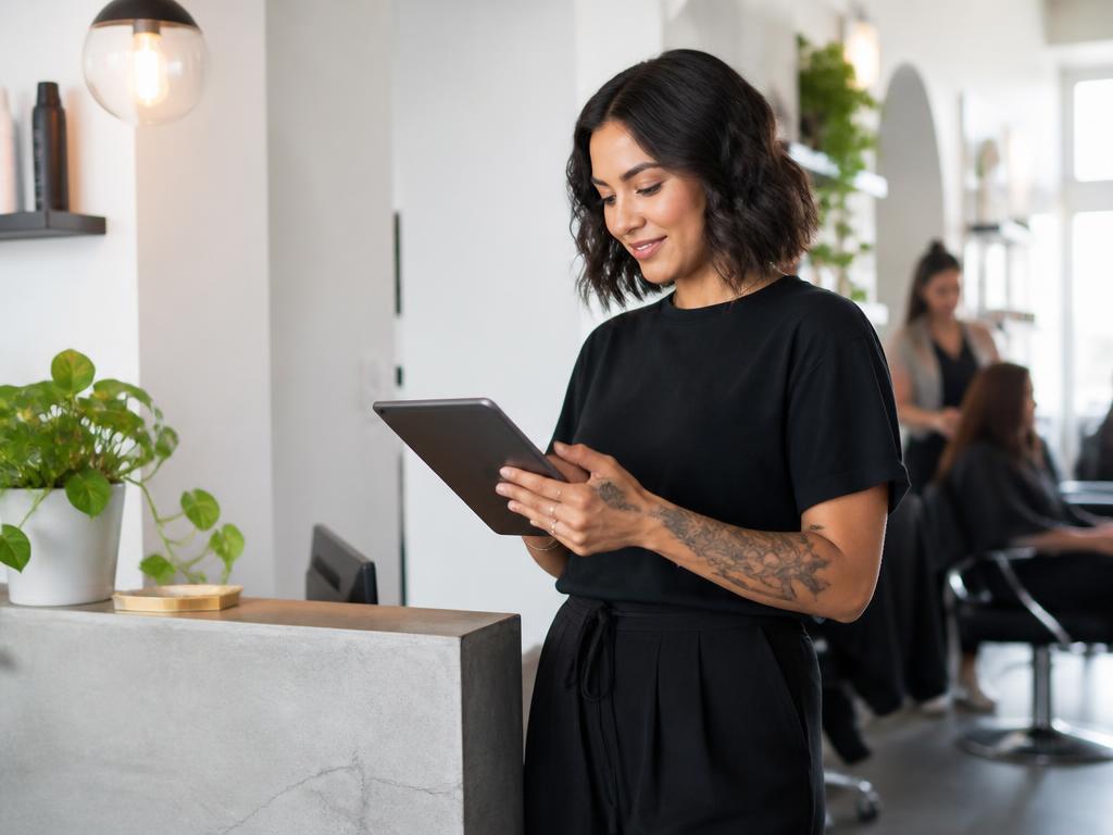 Stylist recording a sale on a tablet at the salon reception